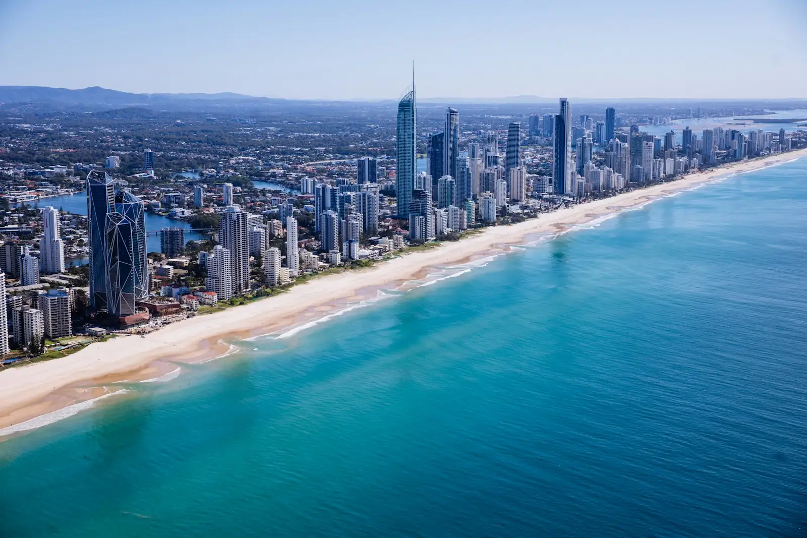 Gold Coast beach and Surfers Paradise skyline from above