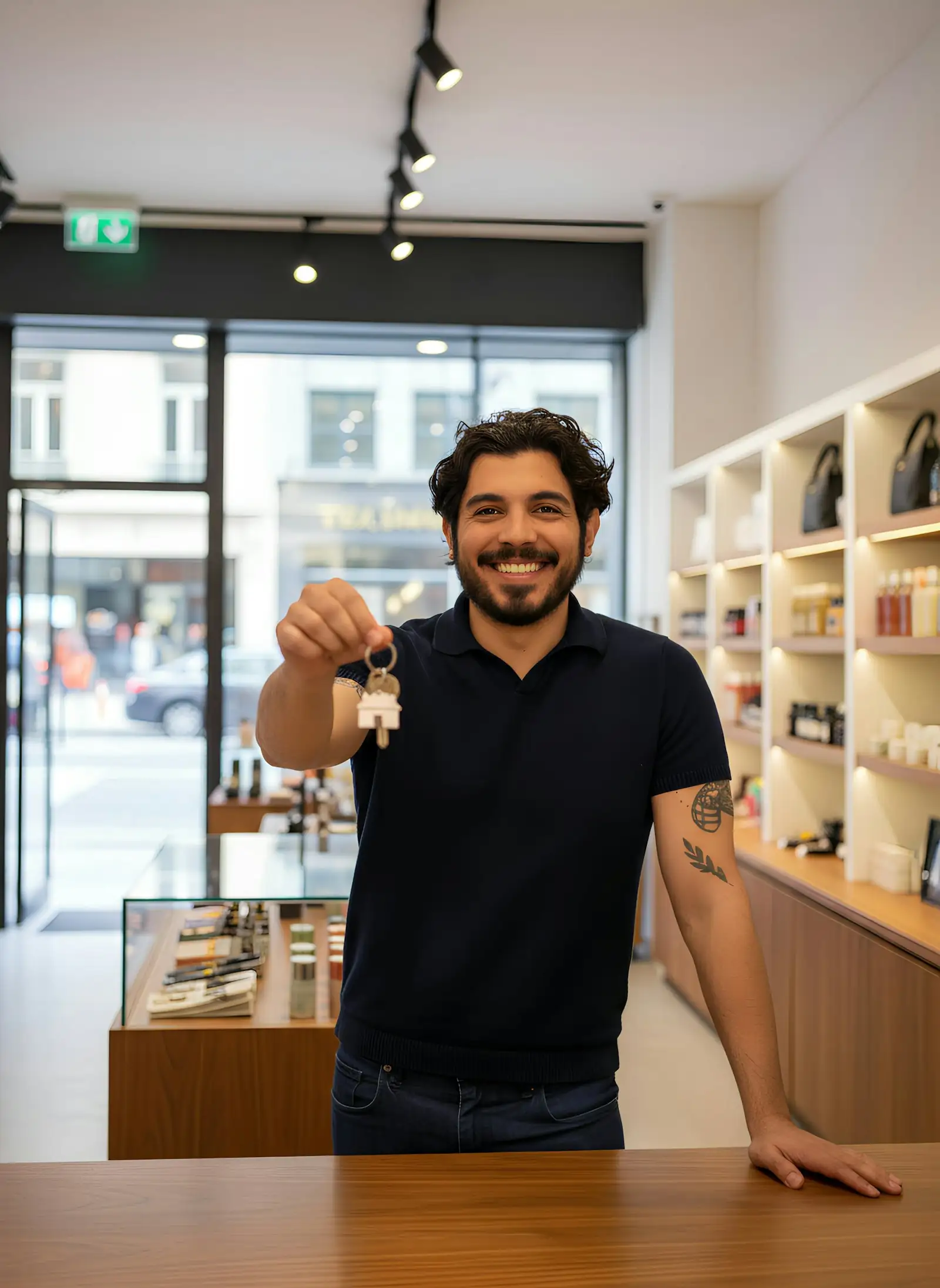 New business owner holding up the keys to his shop